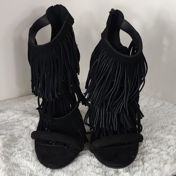 Candie's Black Suede Fringed Heeled Sandals - Picture 3 of 8